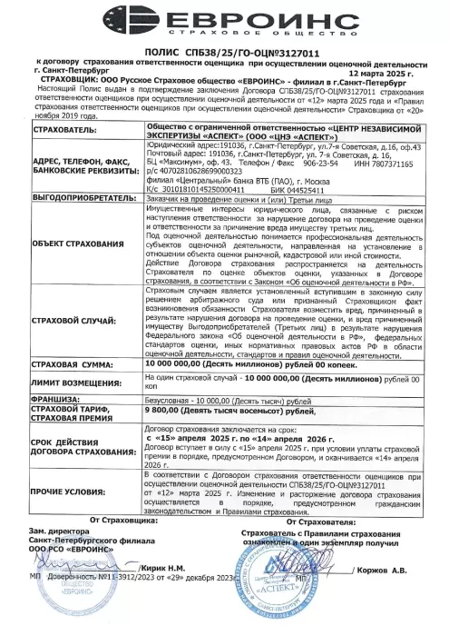 Полис страхования ответственности оценщика для ООО «ЦНЭ «АСПЕКТ».