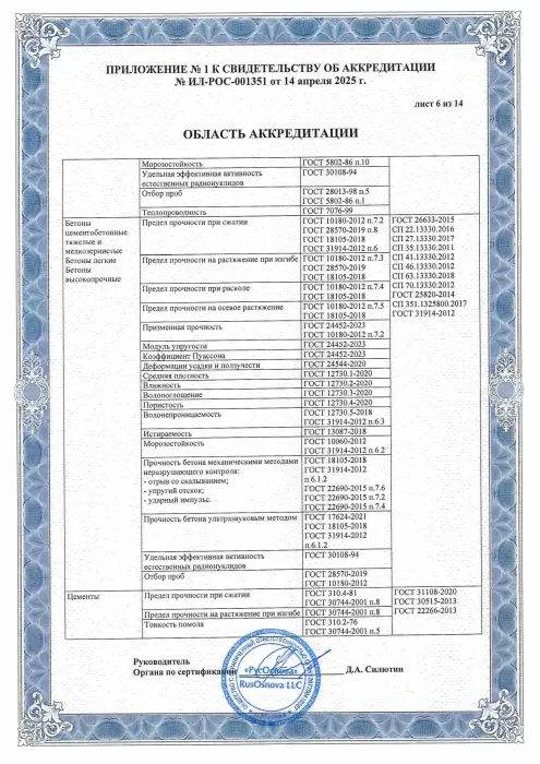 Приложение к свидетельству об аккредитации испытательной лаборатории, лист 6 из 14, с испытаниями бетонов и цементов.
