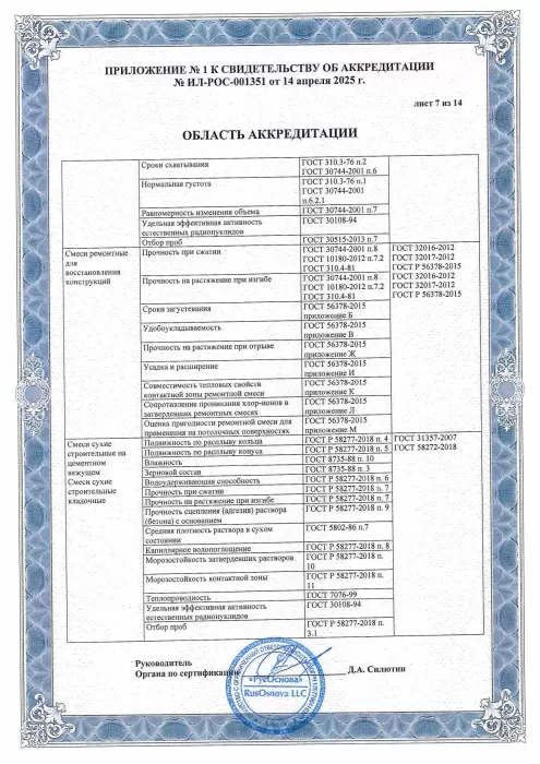 Приложение к свидетельству об аккредитации испытательной лаборатории, лист 7 из 14, с ремонтными и сухими строительными смесями.