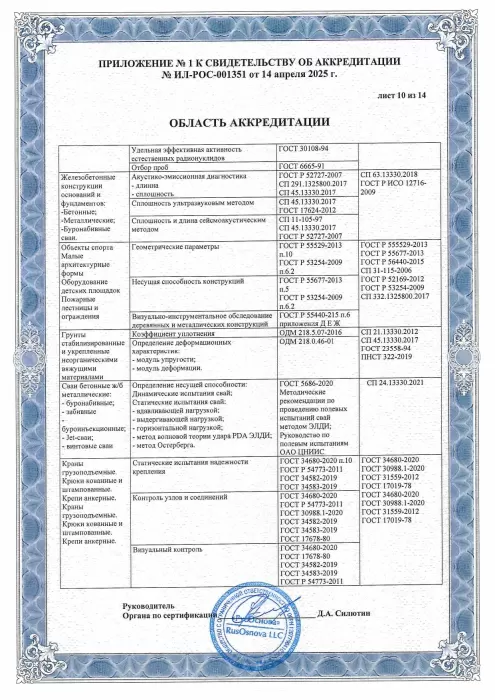 Приложение к свидетельству об аккредитации испытательной лаборатории, лист 10 из 14, с конструкциями, сваями и анкерными элементами.